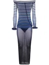 Jean Paul Gaultier Mesh Boat Neck Long Dress With 3d Collar And Cuff In Blue