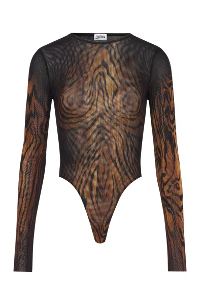 Jean Paul Gaultier Mesh Body Printed Wood Woman Black And Brown