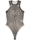 Jean Paul Gaultier Sheer Spiral Mesh Bodysuit With Crew Neck In Black