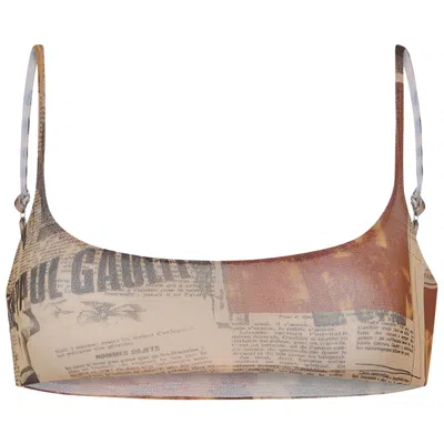 Pre-owned Jean Paul Gaultier Mesh Bra Printed "journal" 'ecru/light Grey/red' | White | Women's Size S