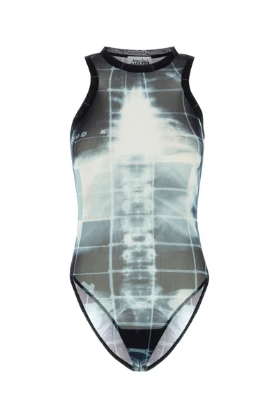 Jean Paul Gaultier Printed Mesh Bodysuit In Blue