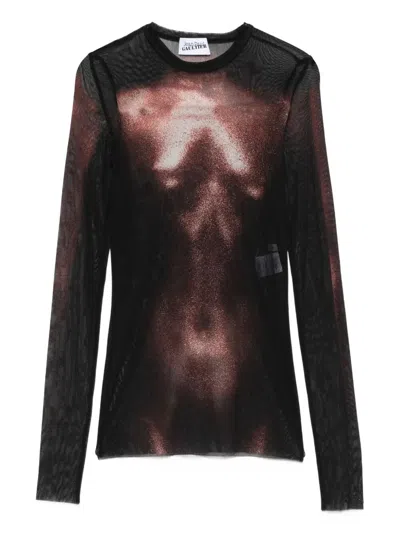 Jean Paul Gaultier Mesh Crew Neck Top With Long Sleeves Printed "body Dust" In Multi