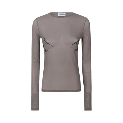 Pre-owned Jean Paul Gaultier Mesh Crewneck Embroidered Long-sleeve Top 'dark Grey' | Women's Size M In Gray