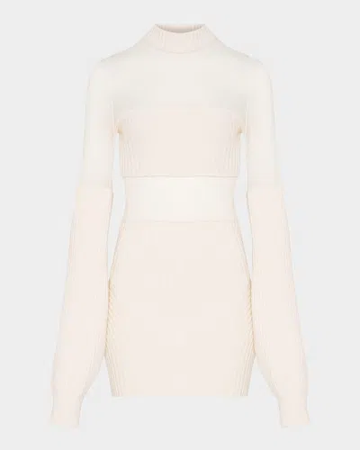 Jean Paul Gaultier Mesh Cutout Ribbed Knit Long-sleeve Mini Dress In Neutral