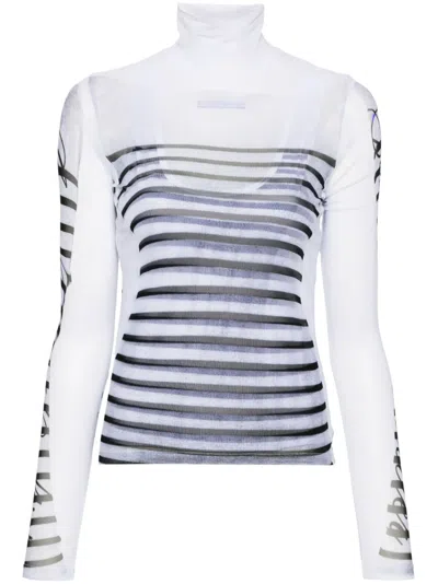 Jean Paul Gaultier Spandex Mesh Printed Feathers Mariniere Top In Multi