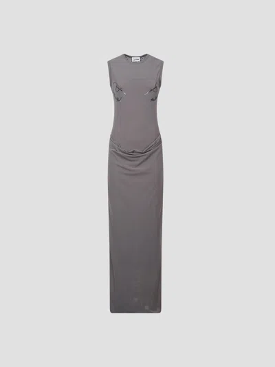 Jean Paul Gaultier Mesh Double Layer Long Dress With Embroidery In Gray