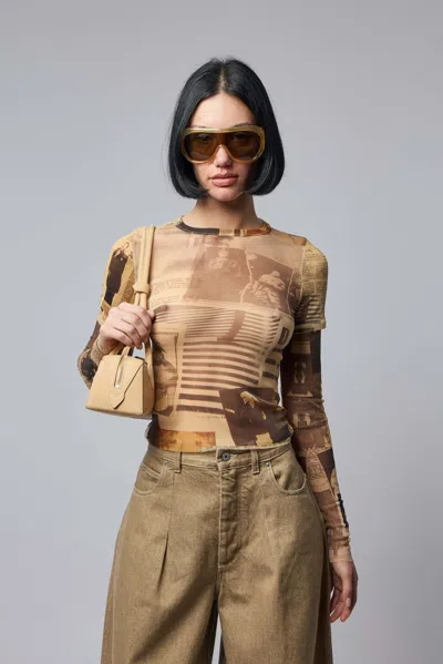 Jean Paul Gaultier Multicolor Crewneck Cropped Top With Long Sleeves And All-over Print In Tech Fabric Woman In Gold