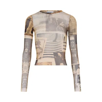 Pre-owned Jean Paul Gaultier Mesh Double Sleeves Tee Printed "journal" 'ecru/light Grey/red' | White | Women's