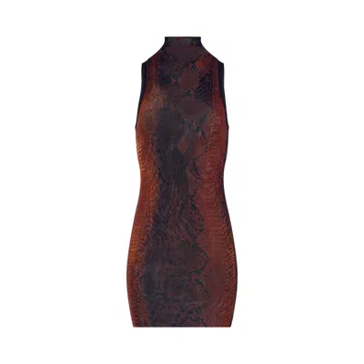 Pre-owned Jean Paul Gaultier Mesh High Neck Short Dress Printed "python" 'brown/black' | Women's Size L