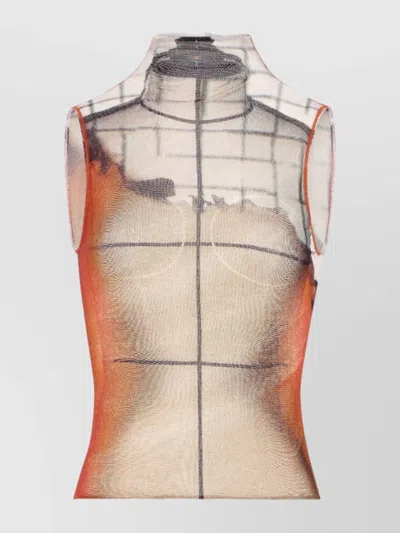Jean Paul Gaultier Mesh High Neck Tank Top Printed "fire" In Orange