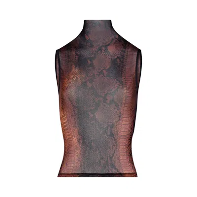 Pre-owned Jean Paul Gaultier Mesh High Neck Tank Top Printed "python" 'brown/black' | Women's Size Xs