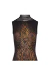 Jean Paul Gaultier Sleeveless Animal Print High Neck Sheer Top In Brown