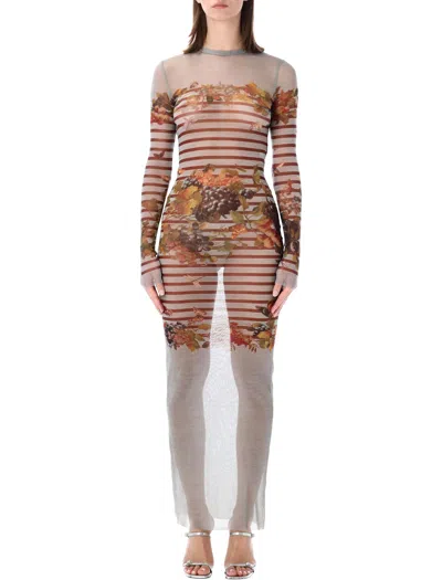 Jean Paul Gaultier Mesh Long Dress Mariniere Grape In Multi