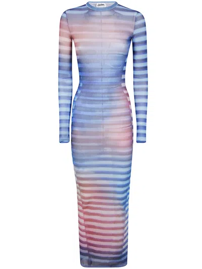 Jean Paul Gaultier Mesh Striped Bodycon Maxi Dress In Blue