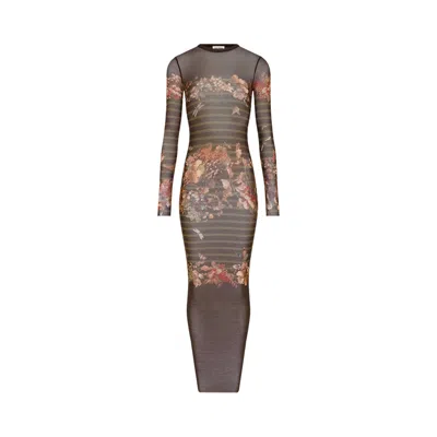 Pre-owned Jean Paul Gaultier Mesh Long Dress Printed "marinière Grape" 'khaki/multicolor' | Tan | Women's Size In Brown