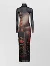 Jean Paul Gaultier Mesh Long Dress Printed "pigalle" In Black