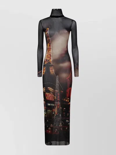 Jean Paul Gaultier Mesh Long Dress Printed "pigalle" In Black