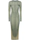 Jean Paul Gaultier Mesh Long Dress With Spiral Print And Ruffles In Ecru Aqua