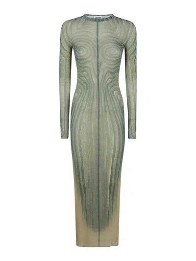 Jean Paul Gaultier Mesh Long Dress With Spiral Print And Ruffles In Green