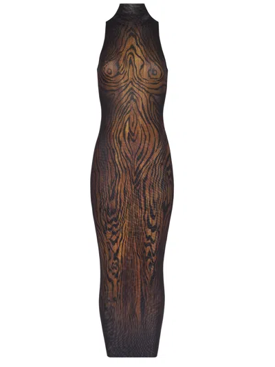 Jean Paul Gaultier Mesh Long Dress Printed Wood Woman Black And Brown