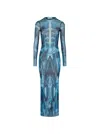 Jean Paul Gaultier Mesh Long Dress With Anatomical Print In Blue