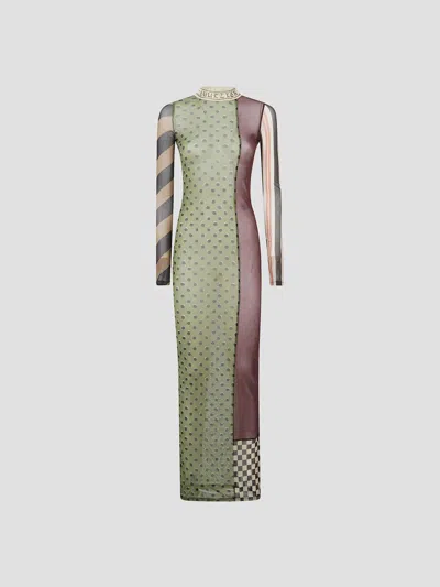 Jean Paul Gaultier Mesh Long Dress With Printed Patchworks In Multi
