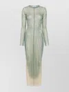 Jean Paul Gaultier Mesh Long Dress With Spiral Print And Ruffles In Beige