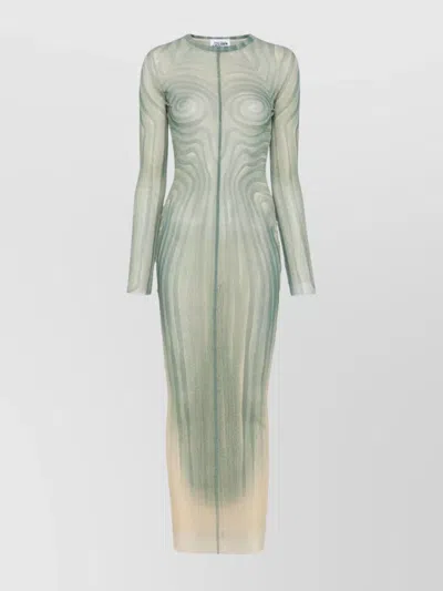 Jean Paul Gaultier Mesh Long Dress With Spiral Print And Ruffles In Beige