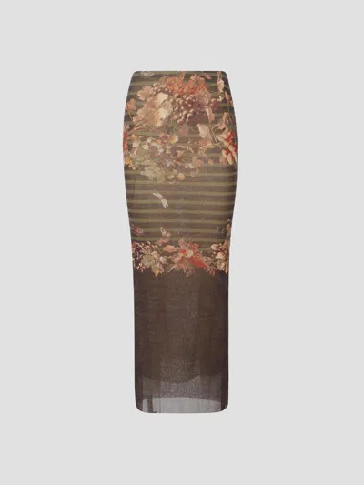 Jean Paul Gaultier Mesh Long Skirt With Striped Pattern In Brown