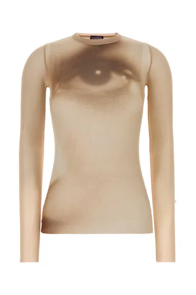 Jean Paul Gaultier Mesh Long Sleeve Top With Printed Face In Beige