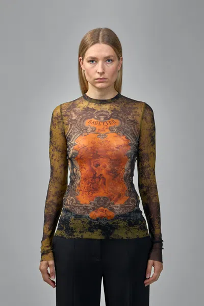 JEAN PAUL GAULTIER MESH LONG SLEEVES TOP PRINTED MÉDAILLON