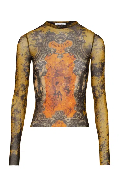 Jean Paul Gaultier Mesh Long Sleeves Top Printed Medaillon Woman Multicolor