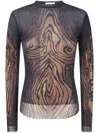 Jean Paul Gaultier Top Long Sleeves Mesh Printed Wood Woman Black And Brown In Brown