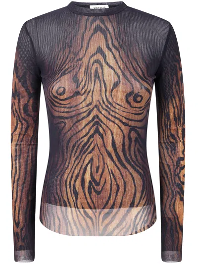 Jean Paul Gaultier Wood Grain Print Mesh Long-sleeved Top In Black