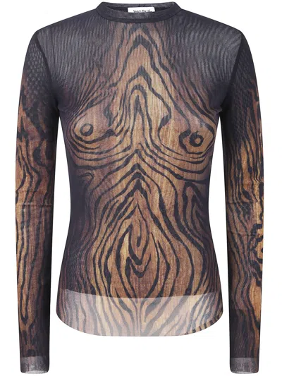 Jean Paul Gaultier Mesh Long Sleeves Top Printed "wood" Clothing In Blue