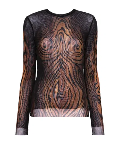 JEAN PAUL GAULTIER MESH LONG SLEEVES TOP PRINTED 'WOOD'