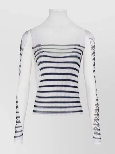 Jean Paul Gaultier Mesh Longsleeve Top Feathers Print In White