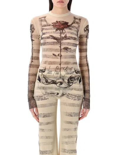 Jean Paul Gaultier Mesh Ls Sleeve Tatoo Marinier Top In Ecru Black Red