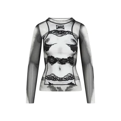 JEAN PAUL GAULTIER JEAN PAUL GAULTIER MESH MARINIÈRE LACE BODY PRINTED TOP