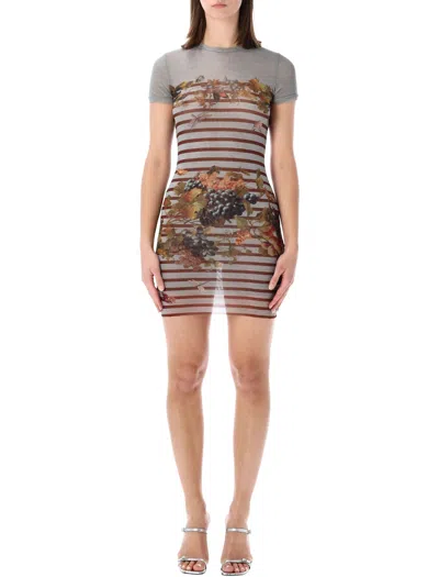 Jean Paul Gaultier Mesh Mini Dress Mariniere Grape In Gray