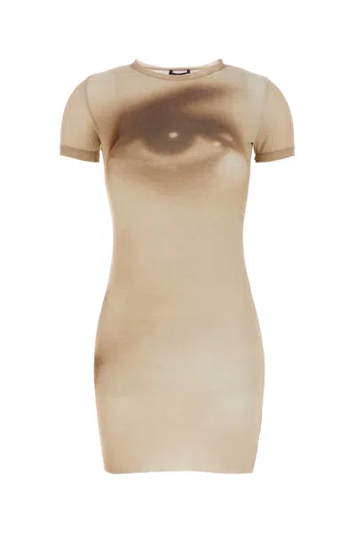 Jean Paul Gaultier Mesh Mini Short Dress With Printed Face In Brown
