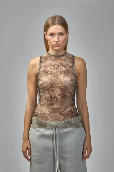 Jean Paul Gaultier Mesh Printed Médaillon Tank Top In Brown