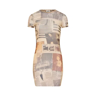 Pre-owned Jean Paul Gaultier Mesh Short Dress Printed "journal" 'ecru/light Grey/red' | White | Women's Size X