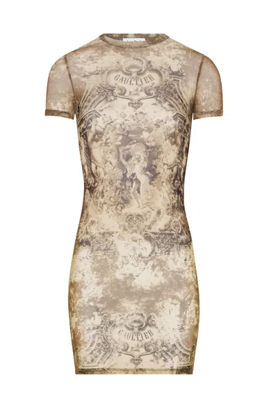 Jean Paul Gaultier Mesh Short Dress Printed Medaillon Woman Multicolor In Brown