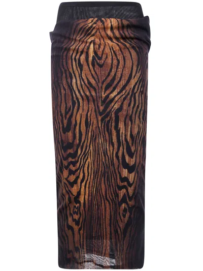 Jean Paul Gaultier Mesh Skirt Double Layer Printed "wood" In Brown