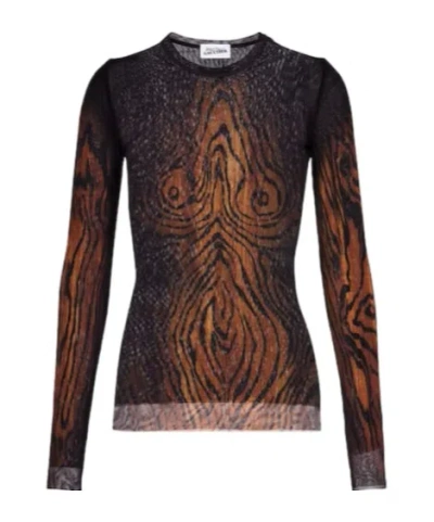 Jean Paul Gaultier Wood Grain Print Mesh Long-sleeved Top In Black