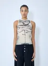 Jean Paul Gaultier Tattoo Print Double Layer Mesh Tank In Ecru