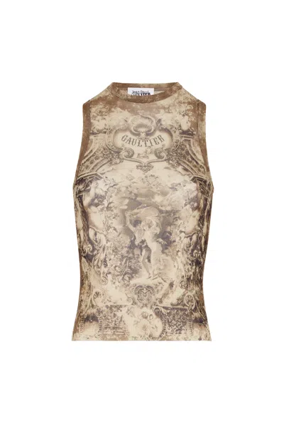 Jean Paul Gaultier Mesh Tank Top Printed Medaillon Woman Beige