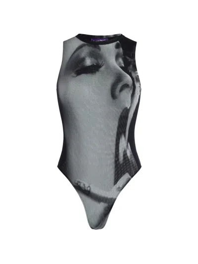 Jean Paul Gaultier Smoking Woman Printed Mesh Bodysuit In Black