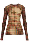 Jean Paul Gaultier Mesh Long Sleeve Top Printed Tartan Face In Sepia/yellow/blue/red